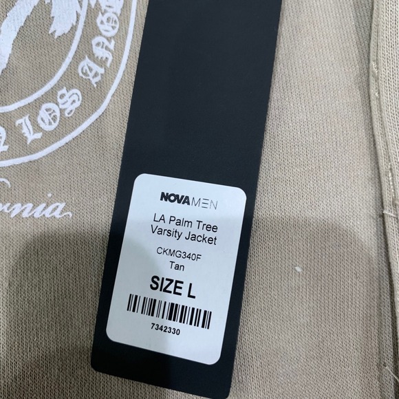 Fashion Nova Men LA Palm Tree Varsity Jacket Tan Letterman CKMG340F Large NWT - Picture 8 of 11